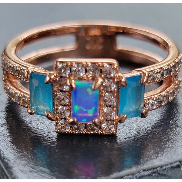 Rose Gold Plated Ring with Simulated Opal and Blue Stones - Size 9 - Picture 1 of 11